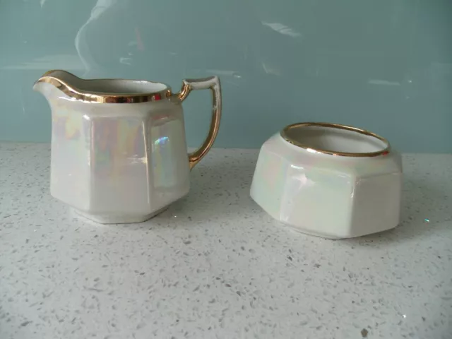 H.J. WOOD LTD BURSLEM ENGLAND OCTAGONAL LUSTRE MILK JUG AND SUGAR BOWL c.1948+