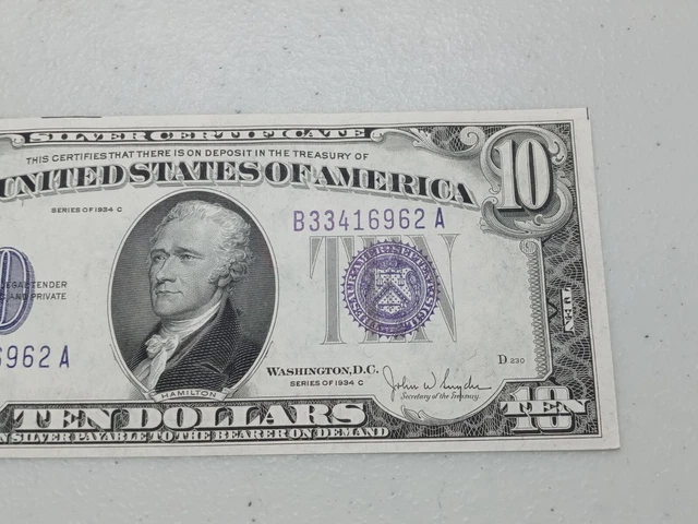 Better Grade 1934 C $10 Ten Dollar Silver Certificate Note Blue Seal, A83 3