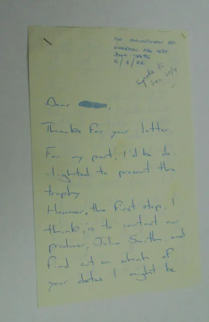 1986 Signed Letter Tom Watt  - Lofty Eastenders