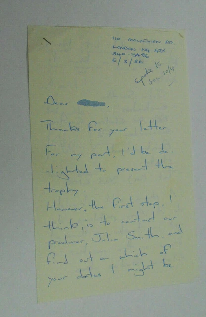 1986 Signed Letter Tom Watt  - Lofty Eastenders