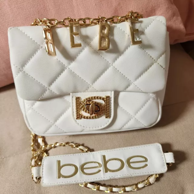 bebe LA White Faux-Leather Quilted Gold Chain Letters Xbody Bag Purse NWT $99