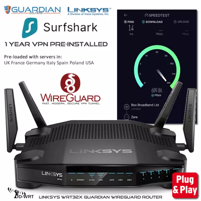 Linksys WRT32X Guardian Wireguard VPN Router Pre-Configured + 1Yr VPN Installed
