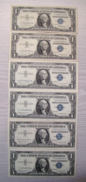 (6) Blue Seal Silver $1 Certificates (1) 1957 (2) 1957-A (3) 1957-B / Ships Free