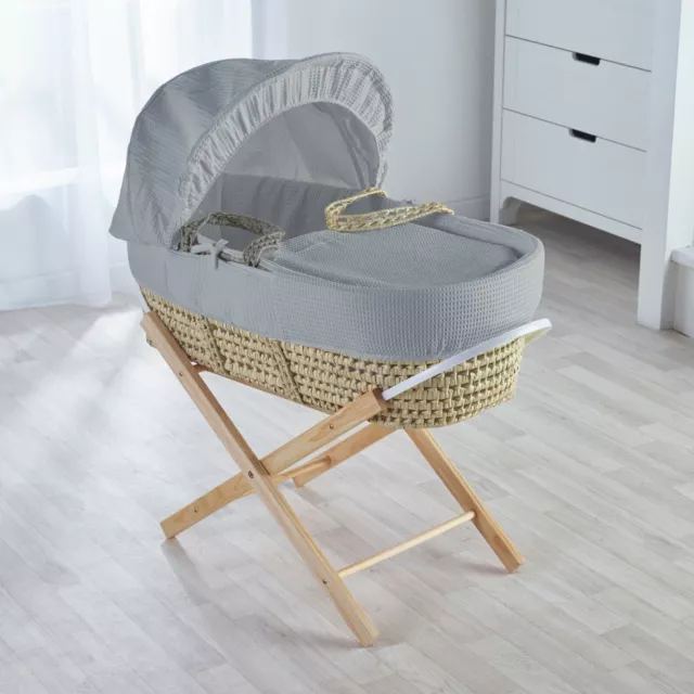 Moses Basket with Folding Stand Mattress and Padded Liner Grey Cotton Lining