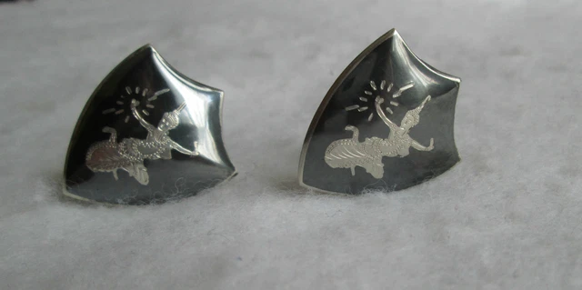 Cravate Ancienne En Argent Sterling, Danseuse Niello Noire, Siam, Très Bon état