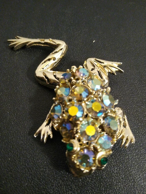 Vintage Frog Brooch Gold Tone with Iridescent Rhinestones & Crystals  Brooch/Pin