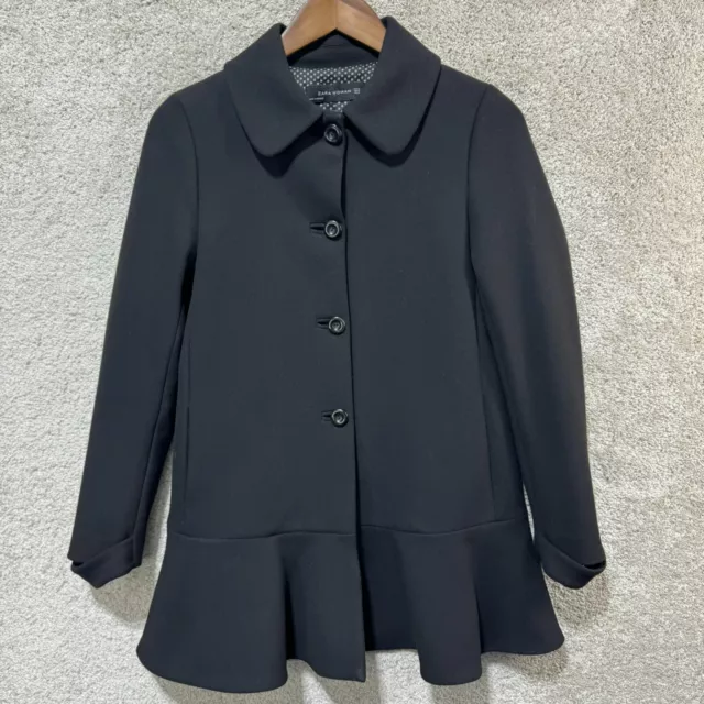 Zara Pea Coat Women's Small Black Ruffle Hem Single Breasted Long Sleeve