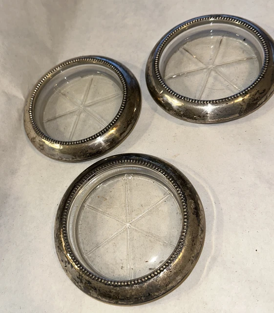 3 Vintage Frank Whiting Sterling Silver Rim Glass Ashtray Lot Set Vintage!
