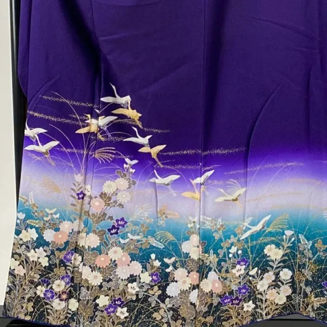 Japanese Kimono Furisode Pure Silk Dark Purple Color Gold Paint Crane 2