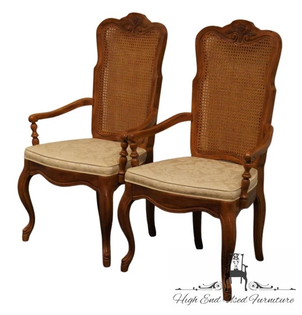 Set of 2 DREXEL FURNITURE Louis XV French Provincial Cane Back Dining Arm Cha...