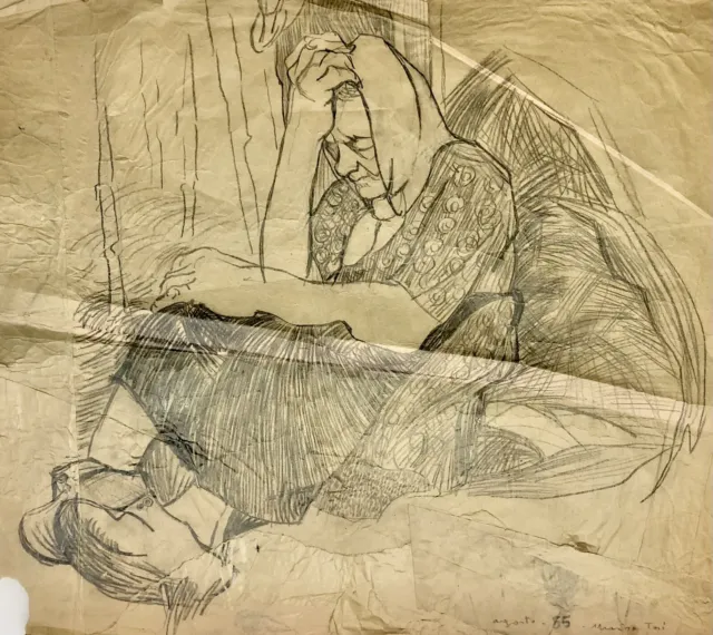 Vecchio disegno a Matita, Firmato Marisa Tosi, 1955. Contadina A Riposo, 57x50