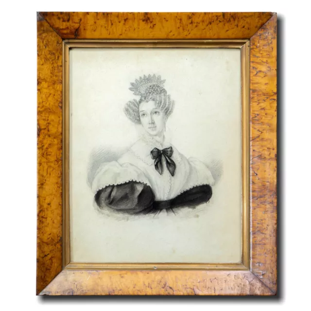 Portrait of a Young Lady, c.1830 | Signed Pencil Drawing in Antique Maple Frame