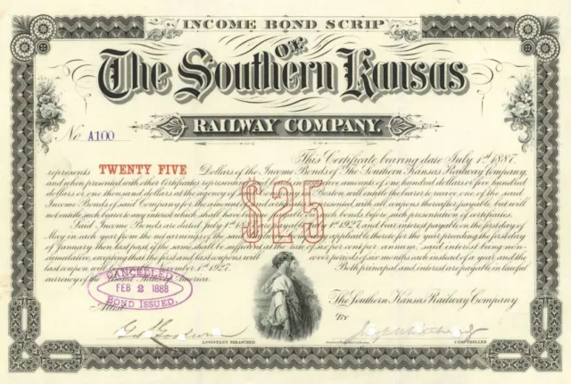 Income Bond of the Southern Kansas Railway Co. - Railroad Bond Scrip - Atchison,