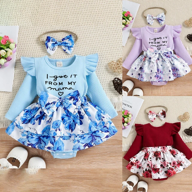 2PCS Newborn Baby Girls Floral Ribbed Romper Dress Headband Set Outfit Clothes 3