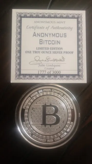 BITCOIN ANONYMOUS MINT PROOF 1 oz .999 SILVER Round w/ COA # 1,777 - Low Mintage