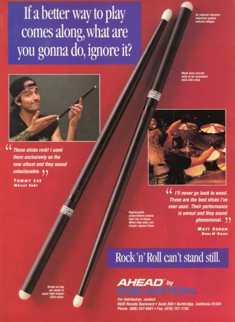 1994 Print Ad of Easton Ahead Drumsticks w Tommy Lee & Matt Sorum