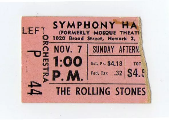 THE ROLLING STONES  NOV  7 1965 SYMPHONY HALL Concert Newark NJ USA Ticket Stub