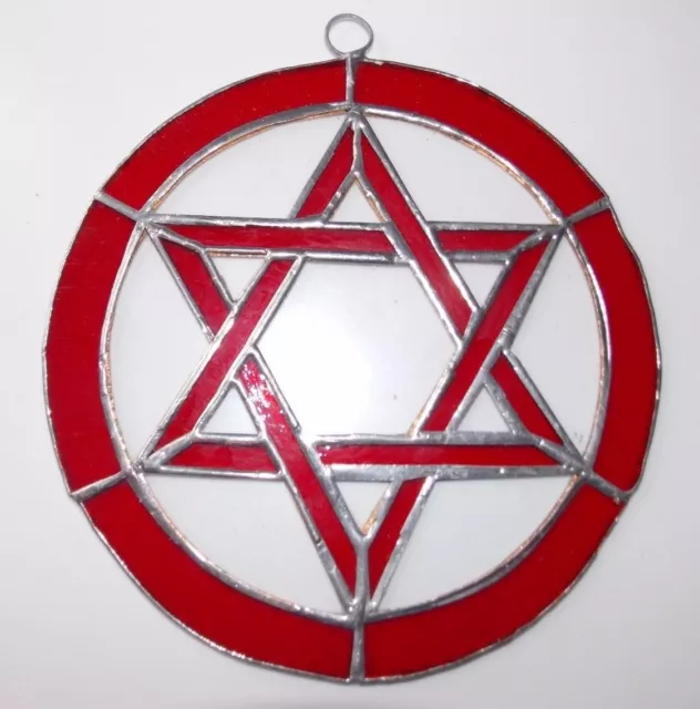 Leaded Stained Glass Round Sun Catcher Red Star of David  Hanging 7''  #2
