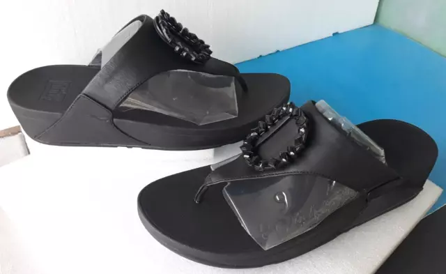 New FitFlop Wo's LULU Crystal Circle Toe Post Black Leather Wedge Slides Size 10