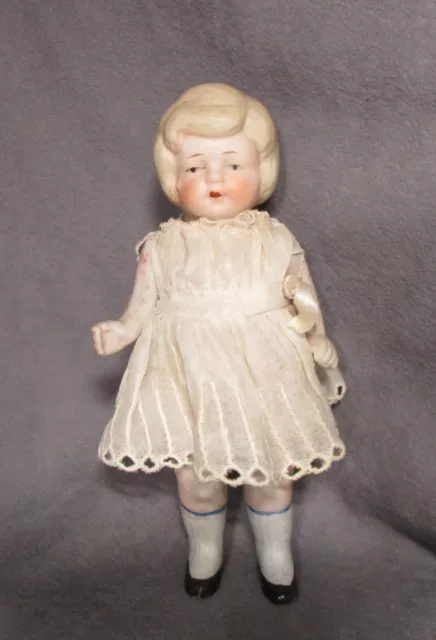 Vintage Mini 6" Bisque Doll - in White Lace Dress - Jointed Arms -Japan