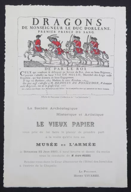CARTE INVITATION 23 juin 1907 MUSEE DE L'ARMEE Le Vieux Papier Dragons ...