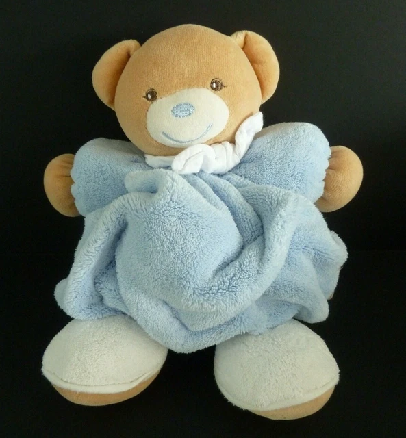 D5. DOUDOU PELUCHE BOULE KALOO OURS PLUME BLEU FOULARD BLANC 26cm - ETAT NEUF *