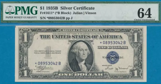 $1.00  1935-B  Star Blue Seal Silver Certificate Attractive, Pmg 64