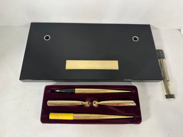 Sheaffer White Dot Jet Crystal  Fountain Pen Desk Set 14k nib 12k Gold Filled