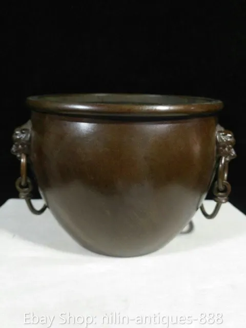 6" Old Chinese Pure Bronze Dynasty Fengshui lion ear  lucky jar pot tank crock