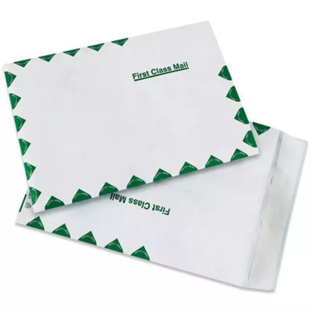 Aviditi TYVEK Flat First Class Self-Seal Envelopes, 9 x 12, White/Green, Top Ope