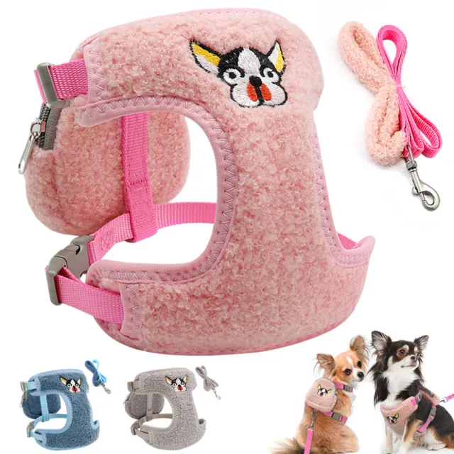 Soft Fleece Small Dog Harness&Lead&Treat Bag Set Mesh Padded Pet Puppy Cat Vest