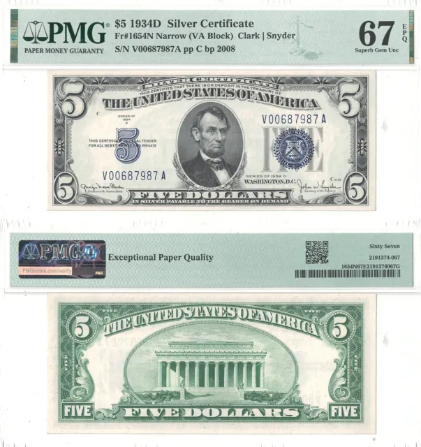1934-D $5 Silver Certificate Narrow Fr 1654N PMG Superb Gem Uncirculated-67 EPQ