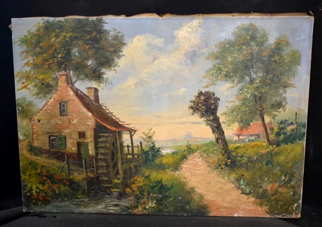 Tableau ancien huile paysage bord de rivière moulin signé XXème