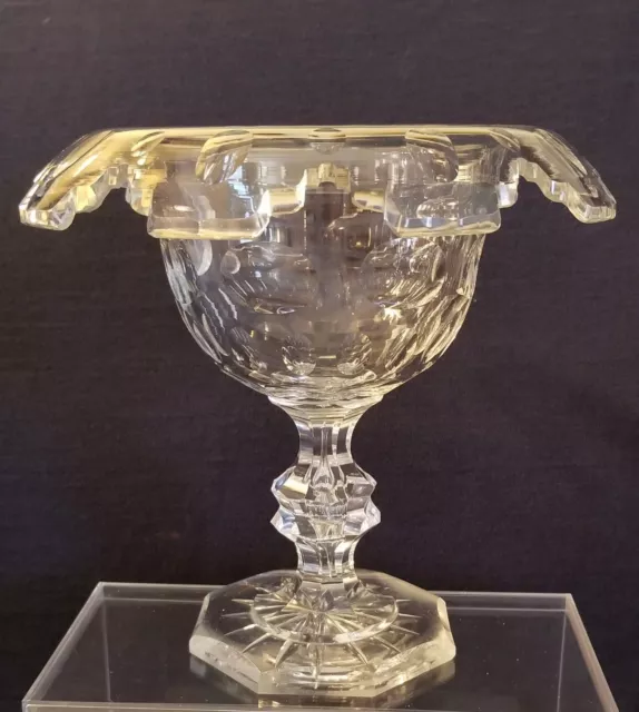 Mid 19th Century Victorian Blown & Cut Lead Glass Compote Rolled Collar 7-1/2" H