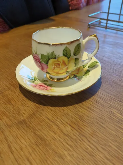 Crownford Teacup & Saucer - Pink Yellow Floral Design - Fine Bone China England