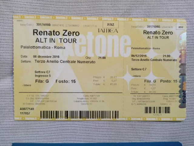 Biglietto Concerto RENATO ZERO Alt in Tour 2016 ROMA Ticket