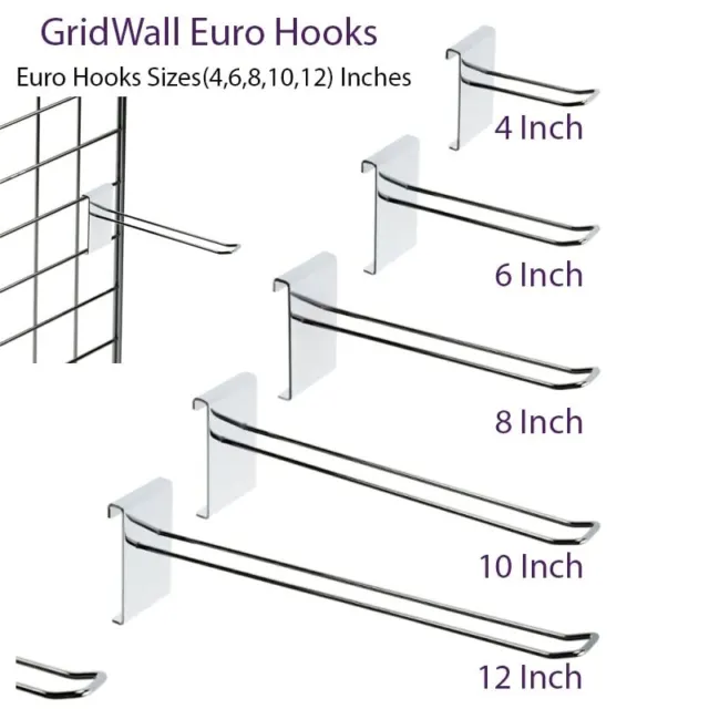 Hd Euro Hook Grid Wall Gridwall Mesh Chrome Arm Arms 4",6",8",10",12" For Retail