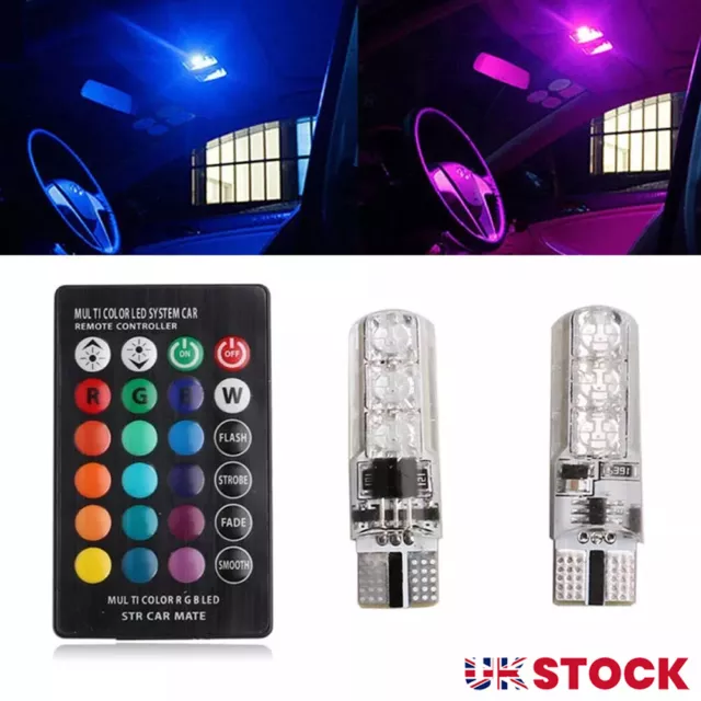 2x LED T10 Remote Control W5W 501 RGB Color Changing Car Wedge Side Light Bulbs