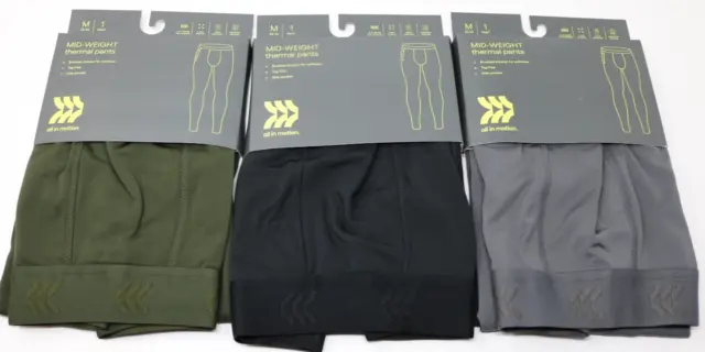 All in Motion Men's Mid-Weight Size Medium Thermal Pants Lot of 3 Green Grey Blk