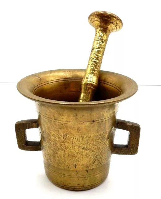 ANTIQUE 19th CENTURY HAND CRAFTED SOLID BRASS APOTHECARY MORTAR & PESTLE