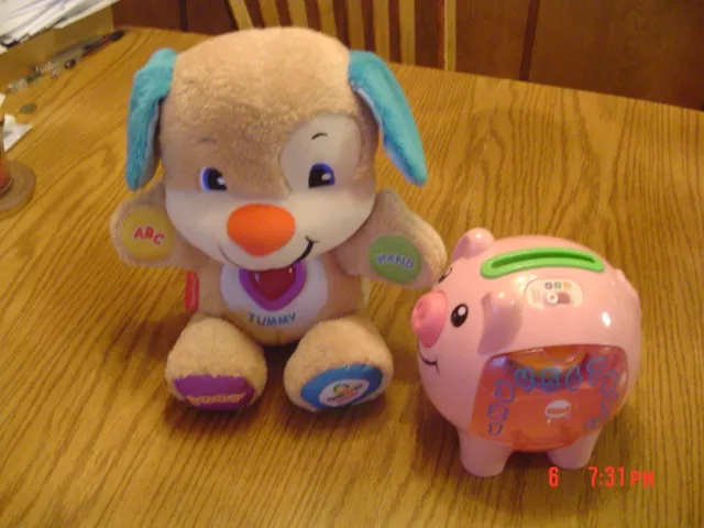 2 -Fisher Price Laugh and Learn Smart Stages Boy Puppy 12” & Piggy Bank High Dev