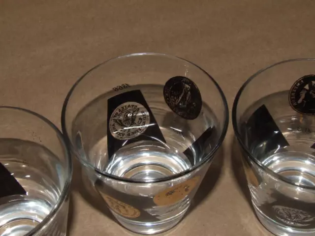 4 VTG 60s Mid Century MADMEN Era Black & Gold Coin Shot Drinking Glass Set 3" 3