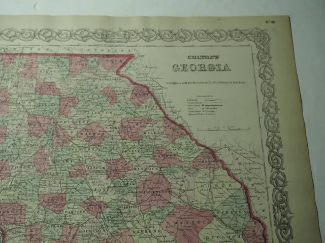 Original Map Georgia Colton Hand Colored 1855