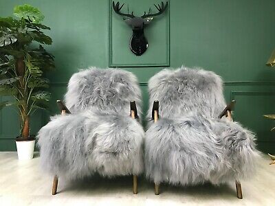 Vintage Art Deco Grey Fluffy Furry Sheepskin Bentwood Armchairs Chairs set of 2 2