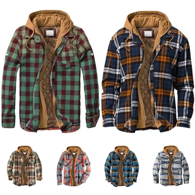 Men's Plaid Flannel Shirt Hoodie Fuzzy Fleece Zip-Up Jacket Warm Coat Sweatshirt