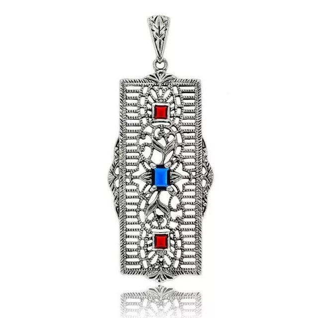 Natural  1CT Sapphire 925 Solid Sterling Silver Victorian Style Pendant FB10