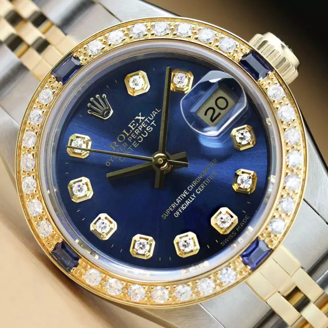 Rolex Donna Datejust 18K Oro Giallo Diamante Zaffiro & Acciaio Orologio 69173