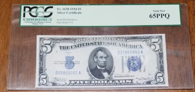 1934 Plain $5 Silver Certificate PCGS Gem New CU 65PPQ #D05865002A Blue seal