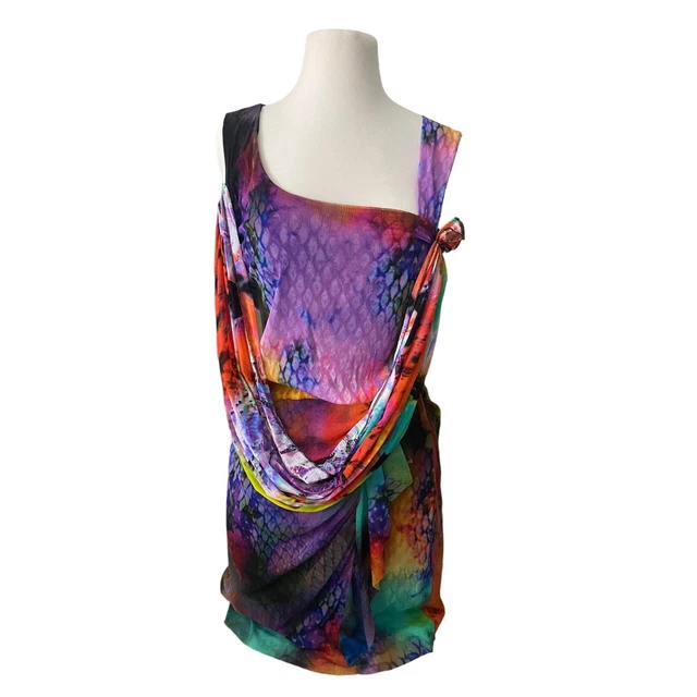 NWT Elana Kattan Large SU816 Mini Asymmetrical Dress Mesh Multicolor Fit & Flare