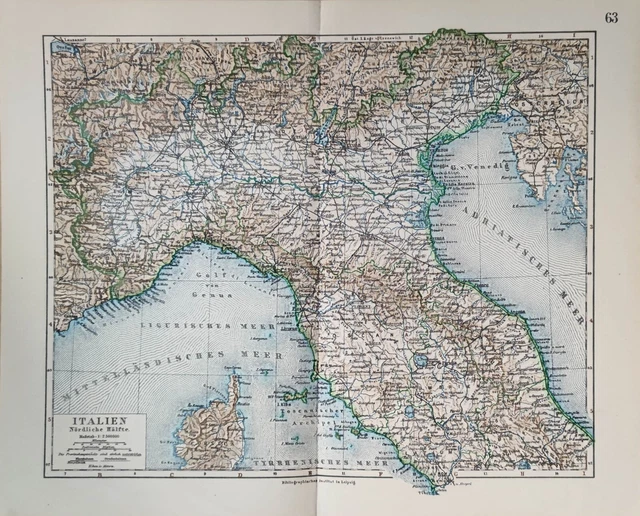 Adria Zufluss In Italien 5 Buchstaben ALTE LANDKARTE +NORD-ITALIEN+ 1885 +Toscana,Venezia,Gardasee,Lombardei